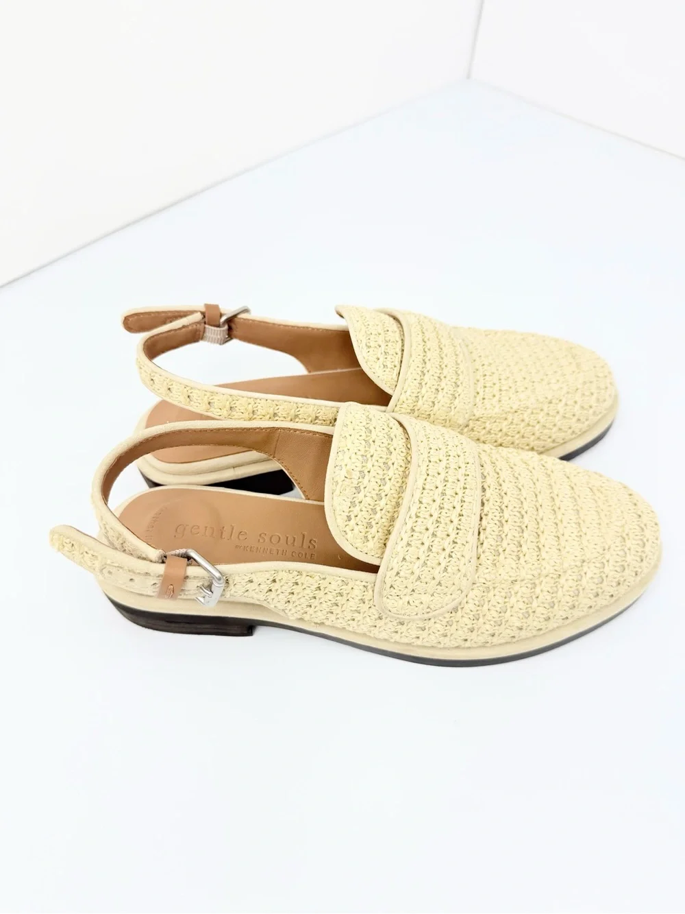 Gentle Souls CALEB Cream Woven Raffia Low Heel Open Back Slingback Loafers